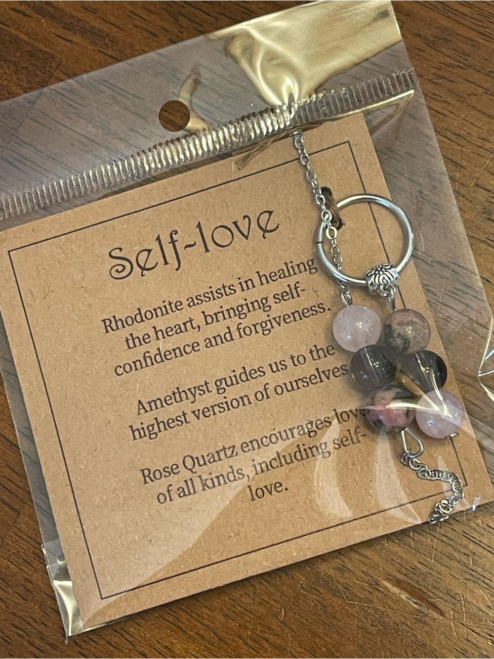 NEW~”SELF-LOVE” Gemstone Keychain & Bracelet SET~(Rhodonite-Amethyst-RoseQuartz)